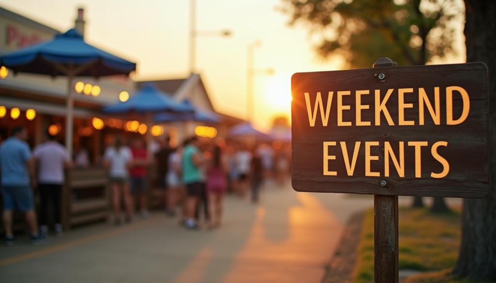 A sign that reads Weekend Events with soft depth of field, in front of a dynamic local event scene