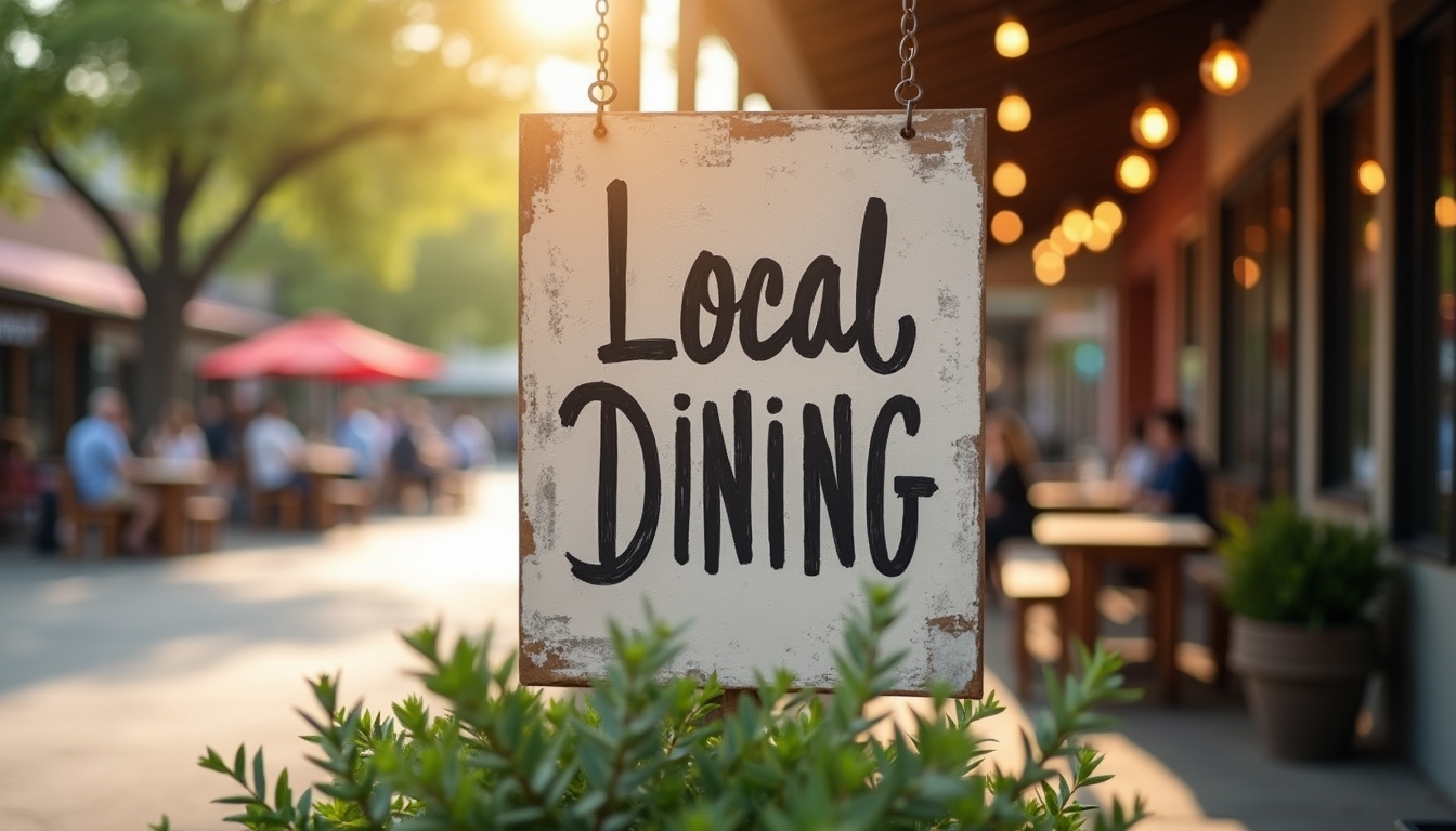 A sign that reads Local Dining with soft depth of field, in front of a dynamic, modern, small town scene