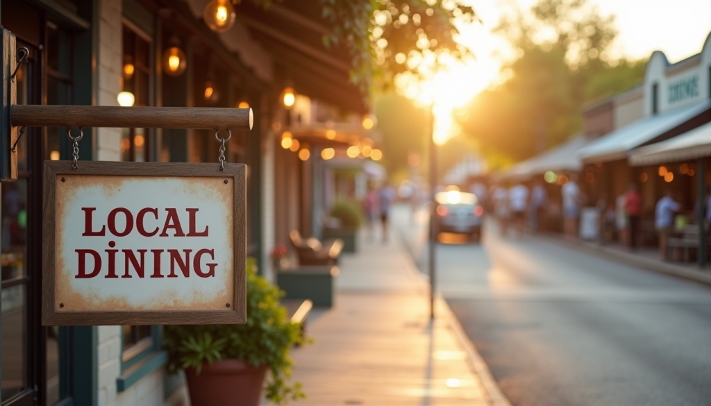 A sign that reads Local Dining with soft depth of field, in front of a dynamic, modern, small town scene