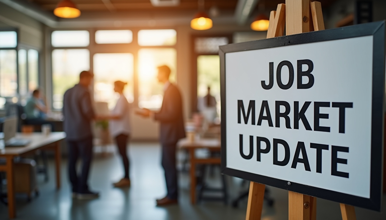 A sign that reads Job Market Update with soft depth of field, in front of a dynamic scene of men and women working