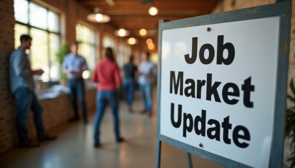 A sign that reads Job Market Update with soft depth of field, in front of a dynamic scene of men and women working