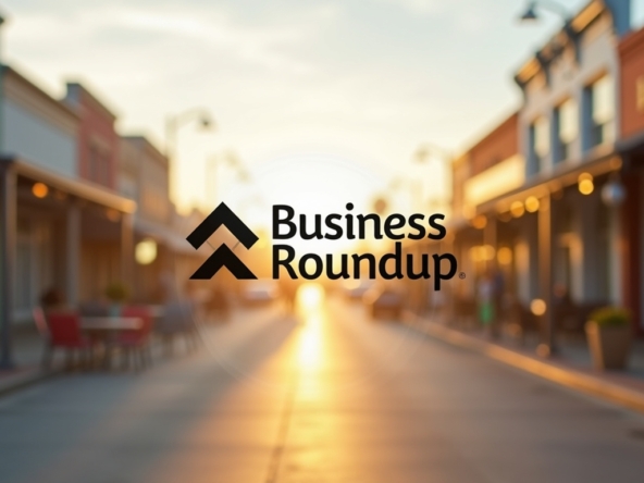 A sign that reads Business Roundup with soft depth of field