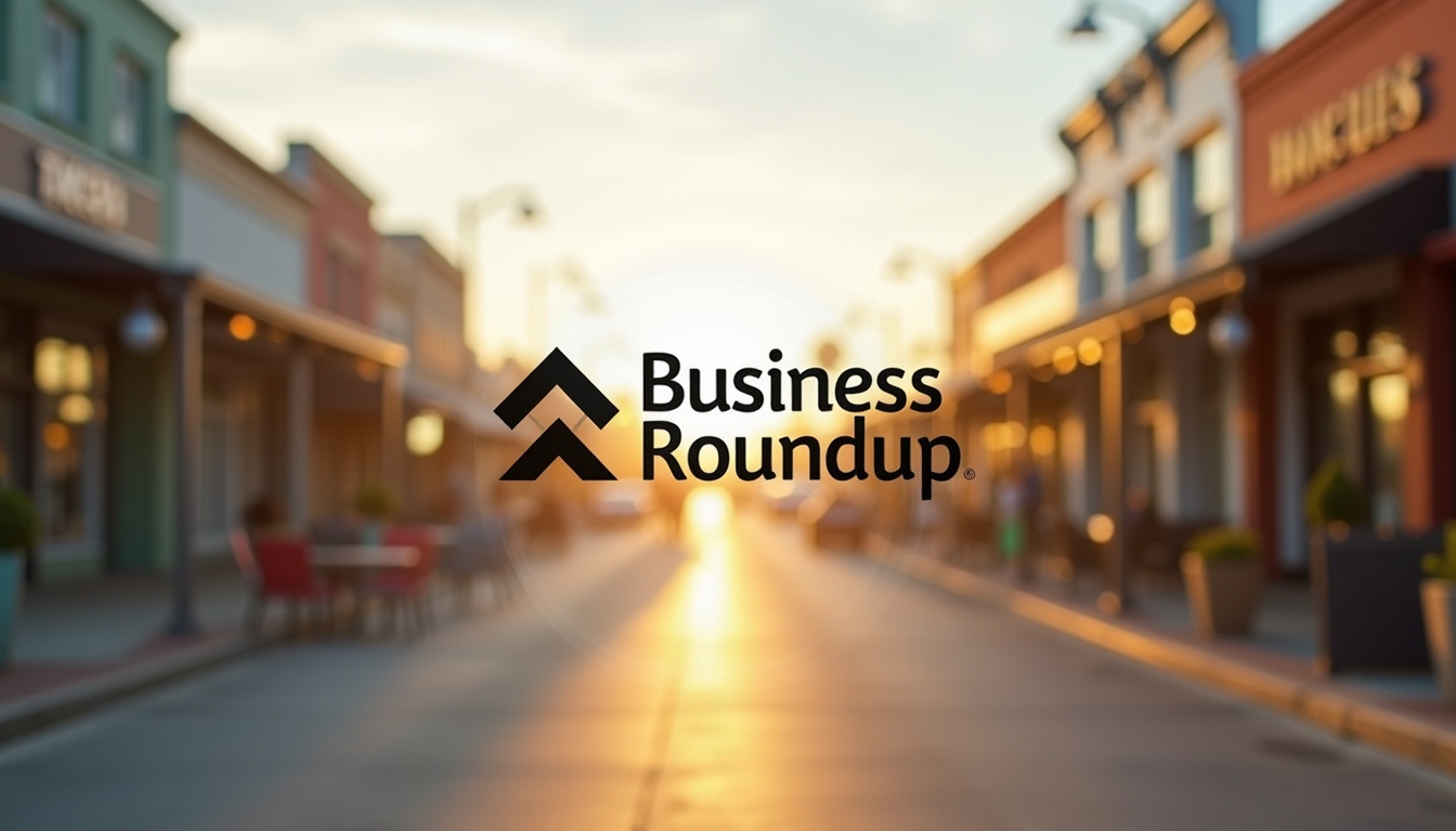 A sign that reads Business Roundup with soft depth of field