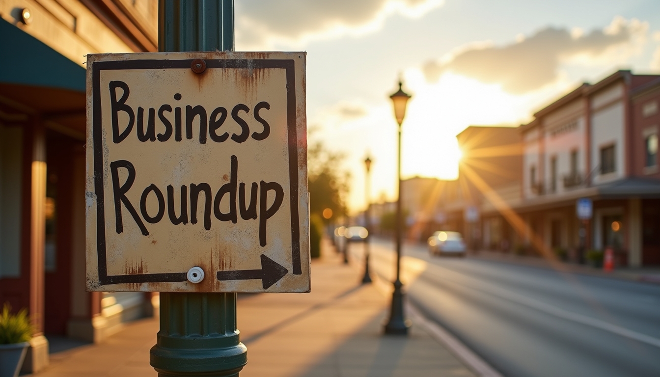 A sign that reads Business Roundup with soft depth of field