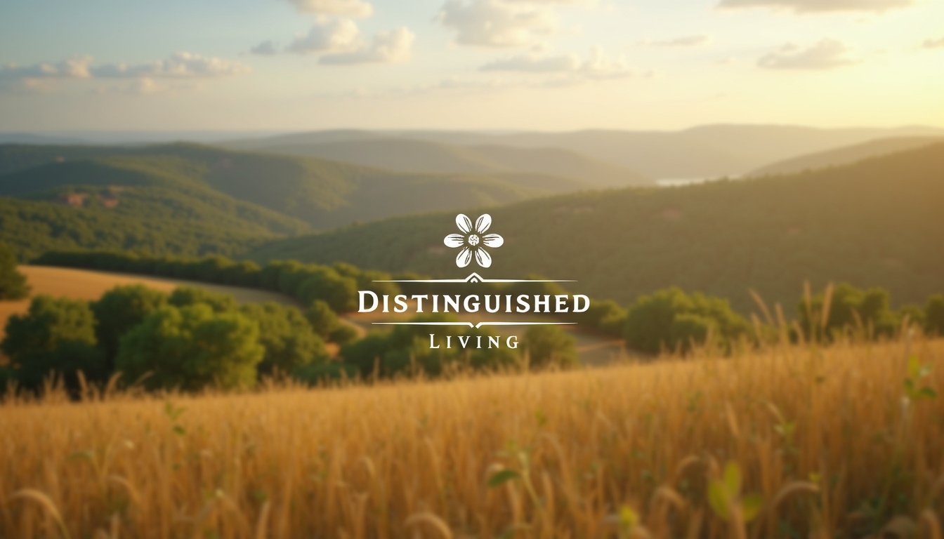 A floating sign named "Distinguished Living" with soft depth of field