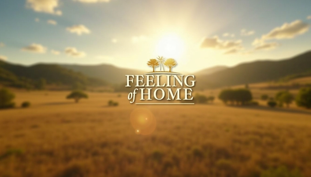 A floating sign named "Feeling of Home" with soft depth of field