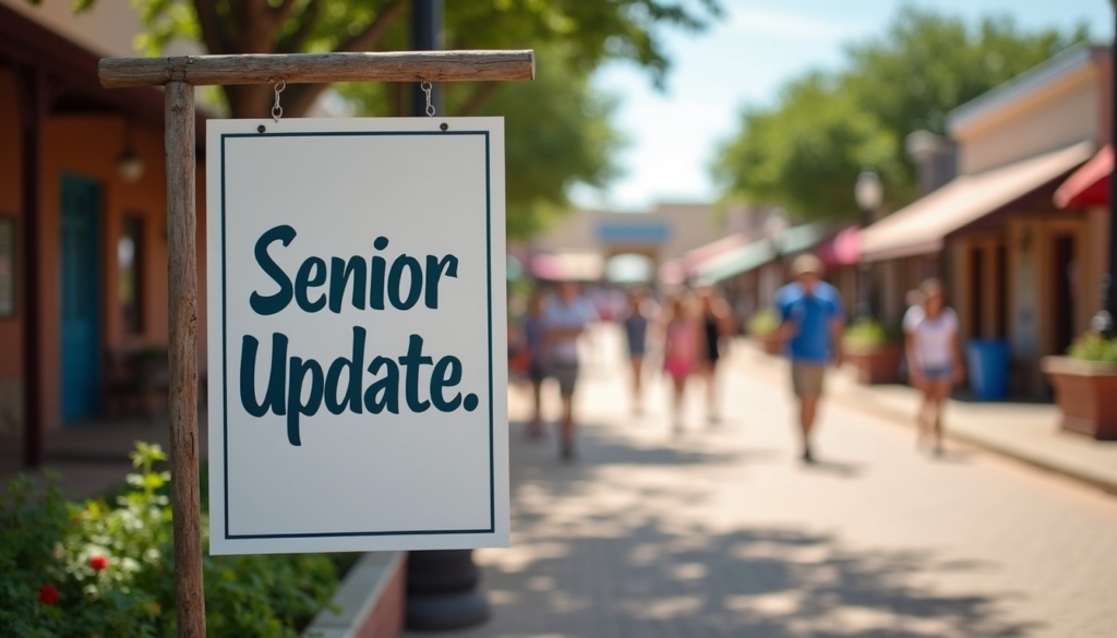 A sign that reads "Senior Update" with soft depth of field