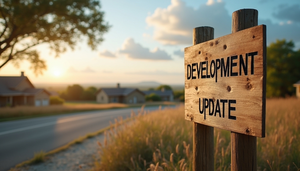 A sign that reads "Development Update" with soft depth of field