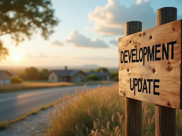 A sign that reads "Development Update" with soft depth of field