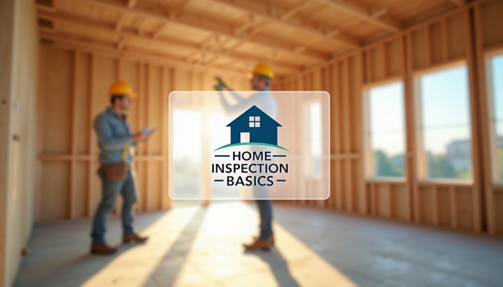 A floating logo for a company named "Home Inspection Basics" with soft depth of field