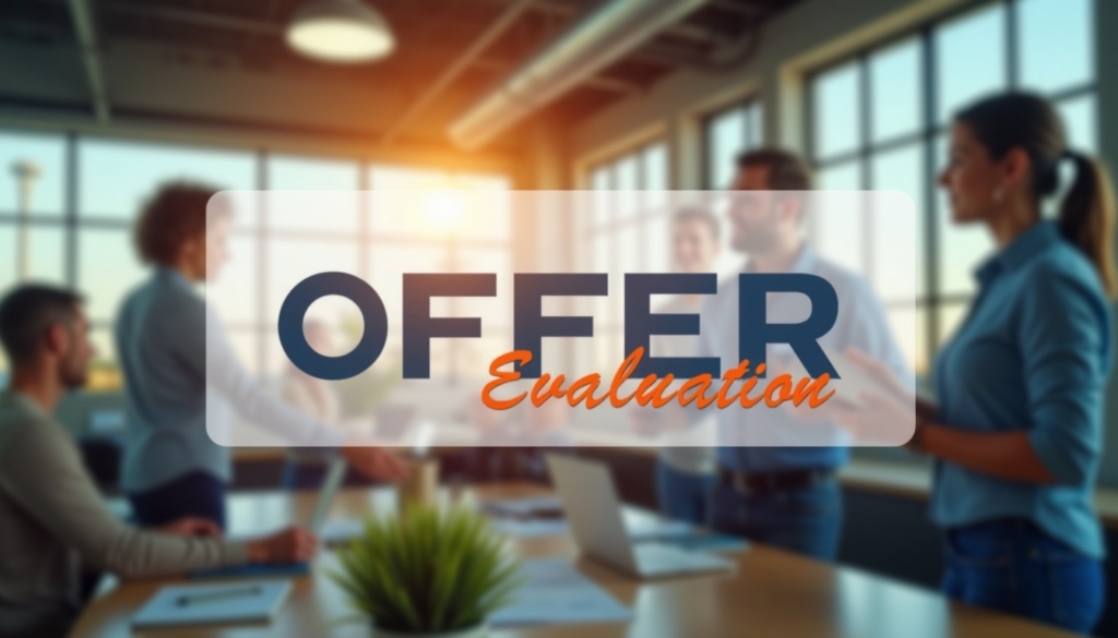 A floating sign named "Offer Evaluation" with soft depth of field