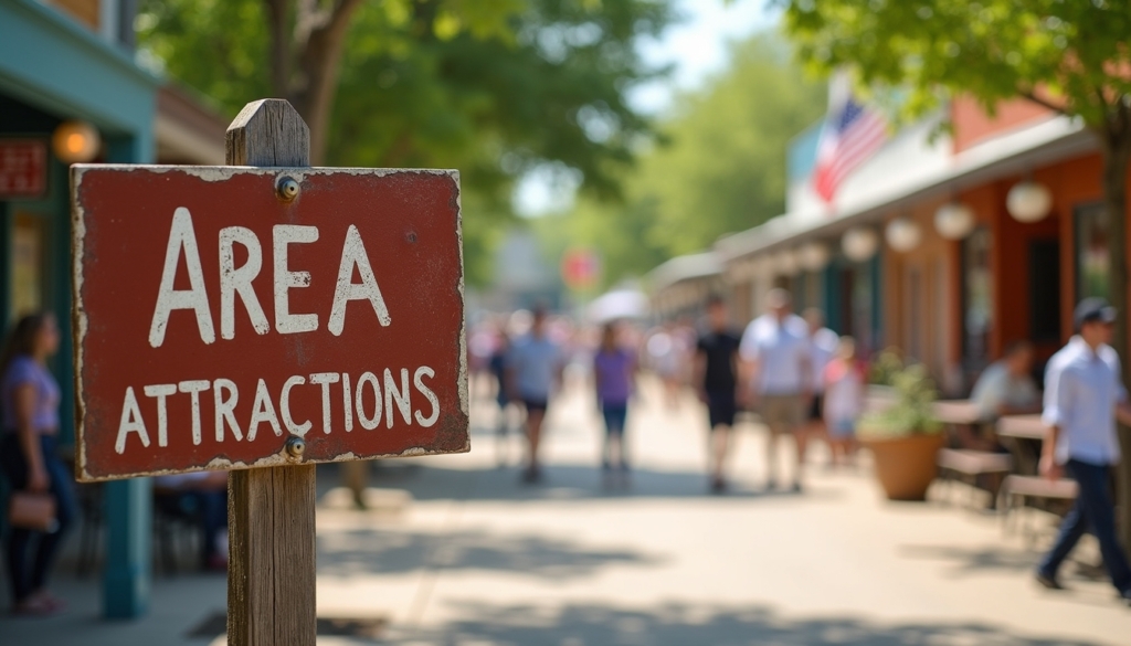 A sign that reads Area Attractions with soft depth of field, in front of a dynamic scene